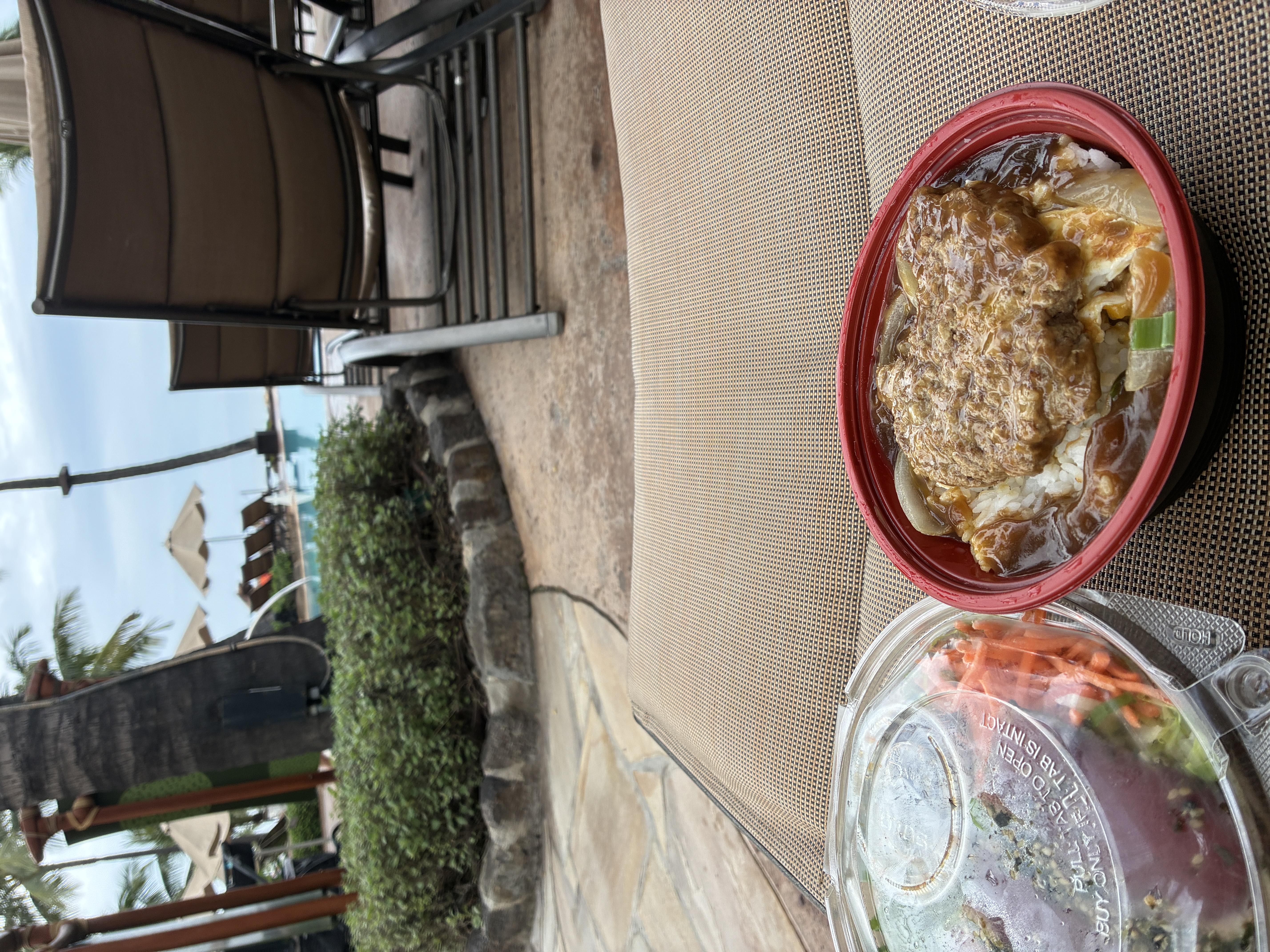 egg, rice, hamburger bowl by the pool